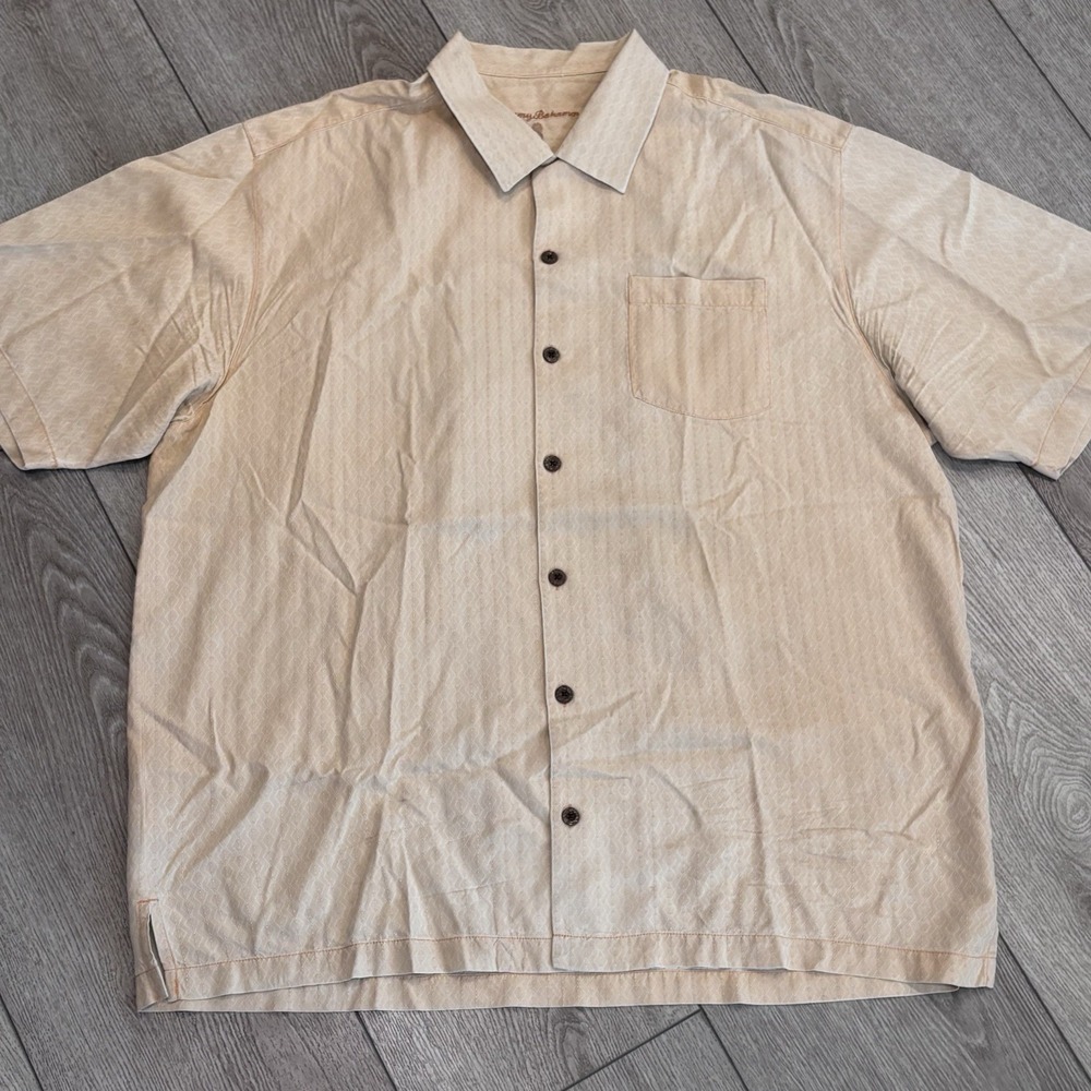 Tommy Bahama Silk Shirt Size XL‎ Short Sleeve Button Up Beige Orange